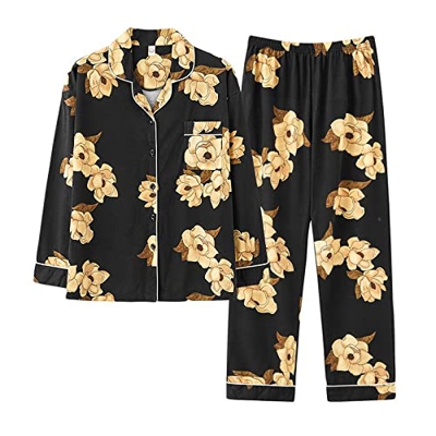Pijama Mujer Verano, Conjunto De Pijamas De Algodón Suave Novedad Patrón De Flores De Magnolia Pantalones De Rebeca Negros Ropa De Dormir Transpirable