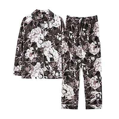 Pijama Mujer Sexy, Conjunto De Pijamas De Algodón Suave Novedad Patrón De Flores De Peonía Pantalones De Rebeca Negros Ropa De Dormir Transpirable Con