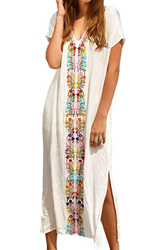 YouKD Verano Algodón Bordado Floral Flojo Caftán Boho Vestido de Bikini de Playa Bata de Talla Grande para Mujer en oferta
