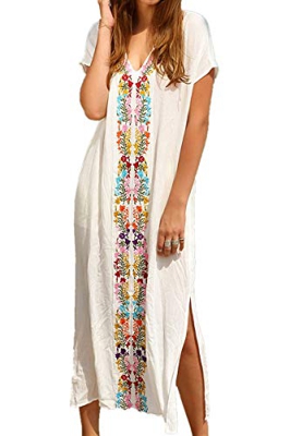 YouKD Verano Algodón Bordado Floral Flojo Caftán Boho Vestido de Bikini de Playa Bata de Talla Grande para Mujer