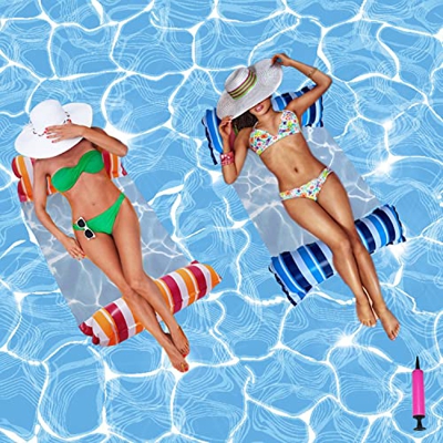 LORISOKE Hamaca Flotante Piscina, Colchoneta Piscina Adultos, 2 Piezas Hamaca de Agua 4-en-1, Tumbona Flotante Hamaca con Bomba de Aire (Azul + Naranj