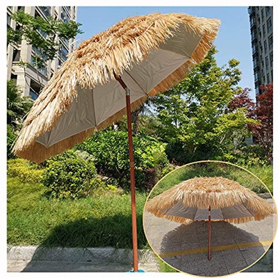 LEELLY Sombrilla voladiza Sombrilla de Paja Hawaiana inclinable de 6.5 pies Paraguas de Rafia Hula de Paja Parasol Redondo para Exteriores (Color Natu