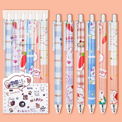 Cobee - Bolígrafos de tinta de gel retráctiles, 6 bolígrafos escolares Kawaii de dibujos animados, punta fina, puntas de agujas, tinta negra de 0,5 mm