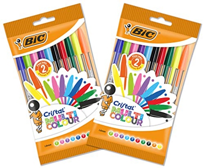BIC Cristal Multicolor Bolis de Punta Gruesa 1,6 mm con Capuchón Extraíble, 2 Packs de 10 - Colores vivos Surtidos y Neón, Pack de 20