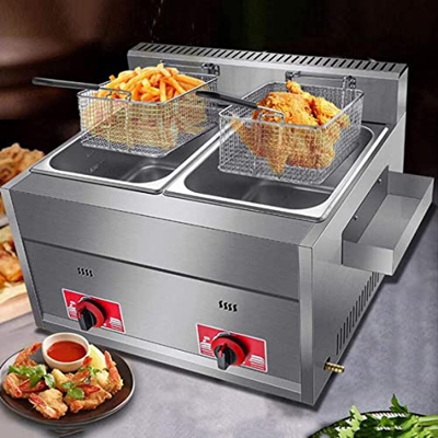 Freidora De Gas De Gran Capacidad De 20 L, Freidora Comercial De Glp, Control De Temperatura Independiente, Potencia De Fuego Ajustable, Con Cestas Y 