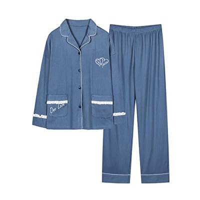 Pijama Mujer Verano, Elegante Conjunto De Pijamas De Algodón Amor Creativo Corazón Bordado Azul Rebeca Pantalones Suave Transpirable Liso Ropa De Dorm