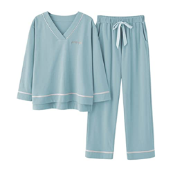 Pijama Mujer Verano, Conjunto De Pijamas De Algodón Elegante Patrón De Letras De Rayas Creativas Pantalones De Manga Larga Azules Ropa De Dormir Lisa  en oferta