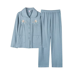 Pijama Mujer Verano, Elegante Conjunto De Pijamas De Algodón Bordado De Flores Creativas Pantalones De Rebeca Azul Claro Suave Y Transpirable Ropa De  características