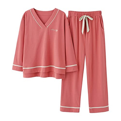 Pijama Mujer Sexy, Conjunto De Pijamas De Algodón Elegante Patrón De Letras De Rayas Creativas Pantalones De Manga Larga De Color Rosa Oscuro Suave Y 