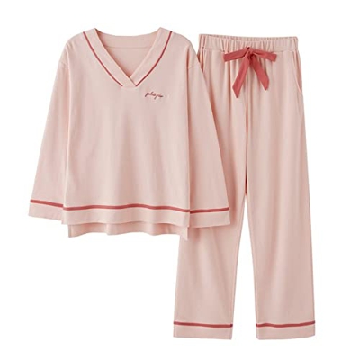 Pijama Mujer Sexy, Conjunto De Pijamas De Algodón Elegante Patrón De Letras De Rayas Creativas Pantalones De Manga Larga Beige Ropa De Dormir Lisa Y T