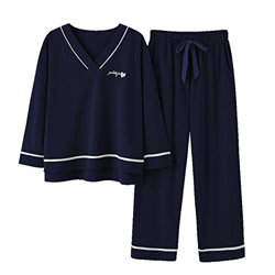 Pijama Mujer Sexy, Conjunto De Pijamas De Algodón Elegante Patrón De Letras De Rayas Creativas Azul Marino Pantalones De Manga Larga Suave Y Transpira precio