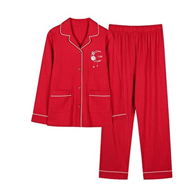 Pijama Mujer Sexy, Conjunto De Pijamas De Algodón Elegante Bordado De Luna Creativo Pantalones De Rebeca Roja Suave Y Transpirable Ropa De Dormir Lisa