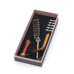 Personality Natural Feather Pen Vintage Dip Water Metals Fountain Pen Box Set Birthday Gift 5 Nib (Color : I) (I) precio