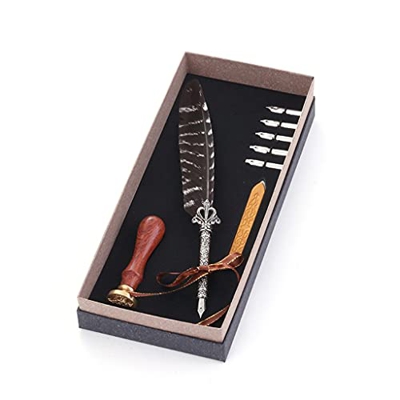 Personality Natural Feather Pen Vintage Dip Water Metals Fountain Pen Box Set Birthday Gift 5 Nib (Color : I) (I)