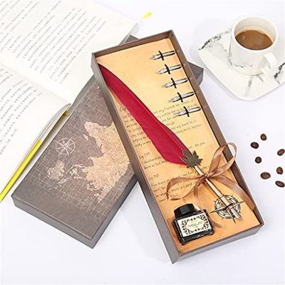 European British Wind Long Hair Leaf Pole Feather Pen, Five Replacement Nib (Color : F) (D)