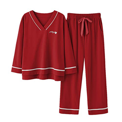 Pijama Mujer Sexy, Conjunto De Pijamas De Algodón Elegante Patrón De Letras De Rayas Creativas Pantalones De Manga Larga De Color Rojo Burdeos Ropa De precio