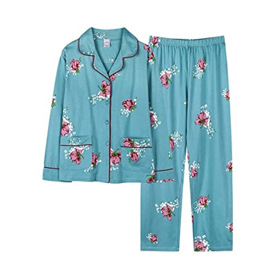 Pijama Mujer Sexy, Elegante Conjunto De Pijamas De Algodón Creativo Patrón De Flores De Rosa Lago Azul Chaqueta De Punto Pantalones Suave Y Transpirab
