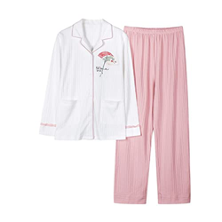 Pijama Mujer Sexy, Conjunto De Pijamas De Algodón Elegante Bordado De Abanico Creativo Cárdigan Blanco Pantalones Rosados ​​Ropa De Dormir Lisa Transp características