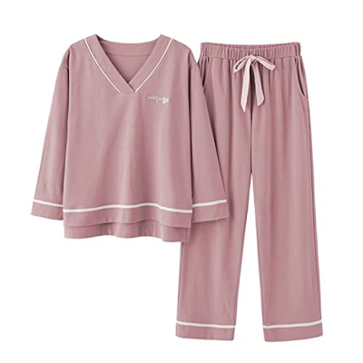 Pijama Mujer, Conjunto De Pijamas De Algodón Elegante Patrón De Letras De Rayas Creativas Gris Rosa Pantalones De Manga Larga Ropa De Dormir Lisa Tran