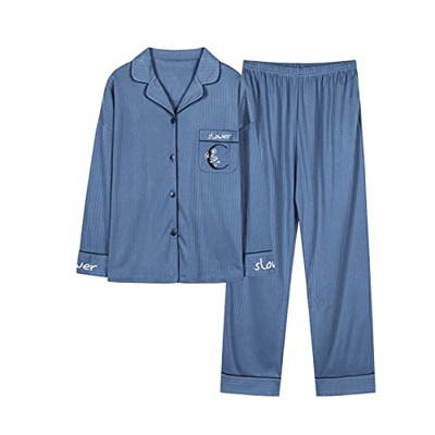 Pijama Mujer, Conjunto De Pijamas De Algodón Elegante Bordado De Luna Creativa Pantalones De Rebeca Azul Ropa De Dormir Lisa Transpirable Suave Conjun