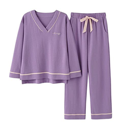Pijama Mujer, Elegante Conjunto De Pijamas De Algodón Patrón De Letras De Rayas Creativas Pantalones De Manga Larga Púrpura Ropa De Dormir Suave Y Tra precio