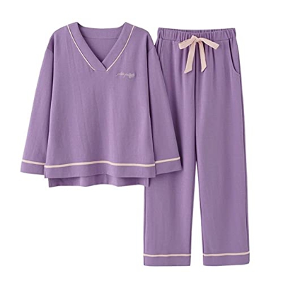 Pijama Mujer, Elegante Conjunto De Pijamas De Algodón Patrón De Letras De Rayas Creativas Pantalones De Manga Larga Púrpura Ropa De Dormir Suave Y Tra