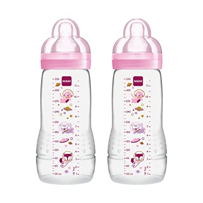 MAM Easy Active - Juego de 2 botellas de agua para bebé (330 ml), incluye tetina MAM tamaño 2 de silicona SkinSoft con forma ergonómica, 4+ meses, esp