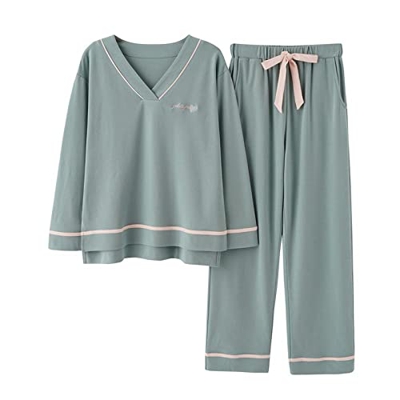 Pijama Mujer, Conjunto De Pijamas De Algodón Elegante Patrón De Letras De Rayas Creativas Pantalones De Manga Larga Verdes Ropa De Dormir Suave Y Tran