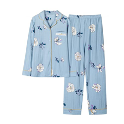 Pijama Mujer, Elegante Conjunto De Pijamas De Algodón Patrón De Flores Creativos Pantalones De Rebeca Azul Suave Y Transpirable Ropa De Dormir Lisa Co características