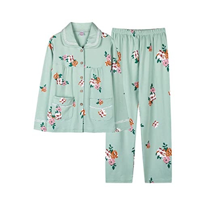 Pijama Mujer, Elegante Pijama De Algodón Conjunto Creativo Patrón De Flores De Rosa Pantalones De Rebeca Verde Suave Y Transpirable Ropa De Dormir Lis