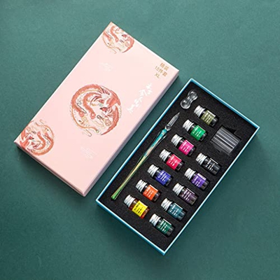 Crystal Glass Pen Chinese Dragon Dip Pen Set Glitter Powder Fountain Pen 12 Colors Ink Gift Box Set Writing Supplies (Color : E) (E)