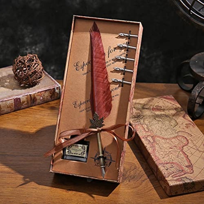 Creative Office Stationery Supplies Vintage Feathers Pen Gift Box Set Dip Ink Writing Fountain Pen Wedding Birthday Gift 1 Set (Color : A) (B)