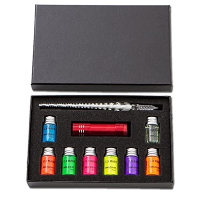 Glass Dip Pen and Ink Set Crystal Fountain Pen Fluorescent Color Ink Transparent Ink UV Lamp Painting Gift Pen Sets Gifts (Color : D) (E)