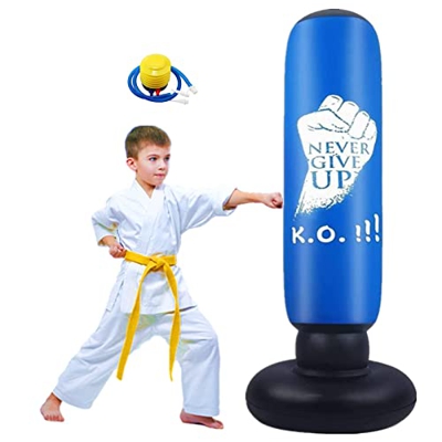FOYOCER Saco de Boxeo Hinchable de Niños Saco de Arena Inflable de Pie para Practicar Karate MMA Bolsa de Boxeo Fitness para Nniños 61” (Azul K.O)