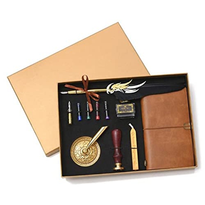 Retro Vintage Calligraphy Feather Fountain Pen Writing Ink Leather Notebook Set Stationery Gift Box (Color : B) (B)