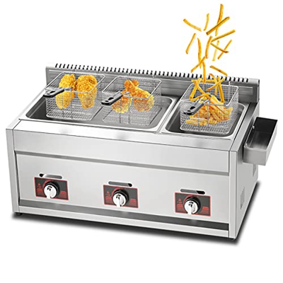 Freidora de Gas Comercial Freidora Profesional de GLP con cestas extraíbles y Canal de condimentos Potencia de Fuego Ajustable Acero Inoxidable S