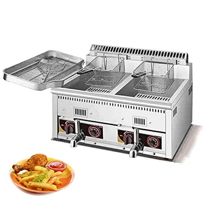 Freidora de Gas Comercial con encimera de Cesta Freidora de Gas LPG de Acero Inoxidable Resistente para Papas Fritas Aros de Cebolla