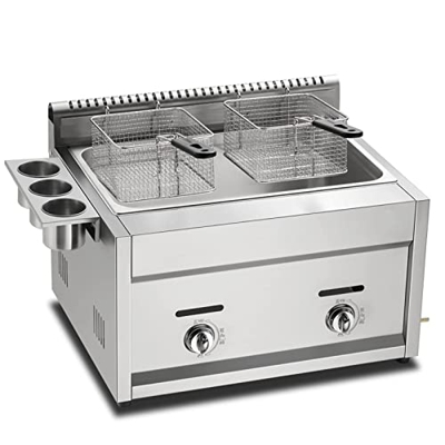 Freidora de Gas, freidora de GLP de encimera Profesional con 2 cestas y Tapa, Potencia de Fuego Ajustable, Grado alimenticio, Acero Inoxidable 304 f