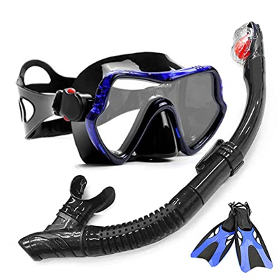 QHYXT Mask Fins Snorkel Set Equipo de Snorkel, máscara de Snorkel panorámica, Equipo de Snorkel Dry Top y Aletas de Buceo para Adultos, niños, Buceo, 
