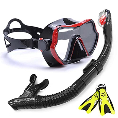 QHYXT Mask Fin Snorkel Set para Paquete de Snorkel para Adultos, máscara de Snorkel panorámica Dry Top Snorkel Kit de Aletas de Buceo Ajustables para 