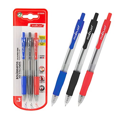 PACK 3 BOLIGRAFOS RETRÁCTIL STARPLAST - Pack boligrafo azul, rojo y negro antideslizante, punta media 1mm