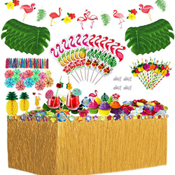128 piezas Hawaiano Luau Falda de mesa Set de decoración, Decoración de fiesta tropical de con hojas de palma Flores hawaianas, adorno de pastel para  precio