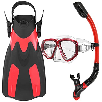 AMZOPDGS Snorkeling Gear Mask Fins Snorkel Set con Aletas Ajustables, Vista panorámica Máscara antivaho, Dry Topsnorkel Snorkeling Gear para Buceo Nat