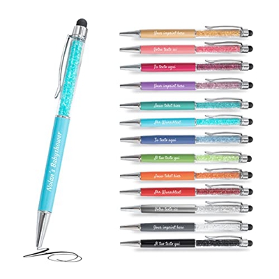 Bolígrafo metálico personalizable 2 en 1, Bolígrafo con tu texto personalizado con cristales integrados (12, Azul caribeño)