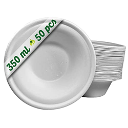 50 Cuencos Desechables Papel de caña de azúcar de 350 ml. Vajilla desechable Biodegradable extrafuerte de Color Blanco. Bowl para Fiestas y desayunos. en oferta