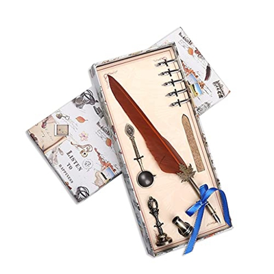 Vintage Feather Fountain Pen Metal Nibs Dip Ink Writing Tool Set Stationery Gift Box with 6 Nib Collectable Supplies (Color : H) (H)