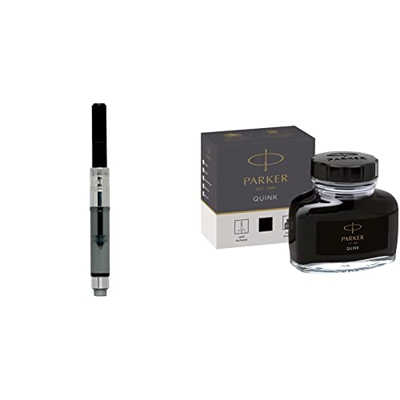 Parker pluma estilográfica de lujo tinta convertidor + tintero de tinta líquida Quink para plumas estilográficas, 57 ml, en caja, color negro