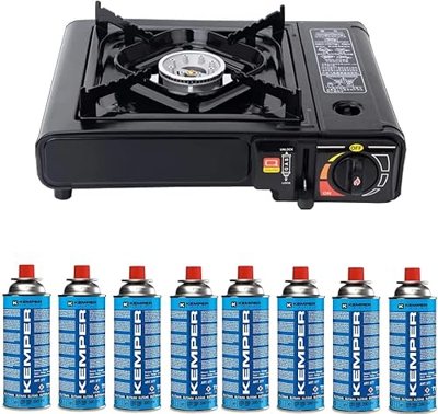 Cocina de camping + 8 cartuchos de gas 227 g + funda al aire libre camping gas estufa 1 llama estufa negro gas butano gas cartucho quemador Piezo estu