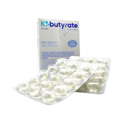K-Butyrate, Probiótico Vegano de Nueva Generación con CoreBiome® (Tributirina 90%) - Butirato para la Microbiota Intestinal - 30 Cápsulas Blandas Vege
