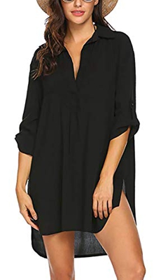 heekpek Vestido de Playa Camisero de Manga Corta Liso para Cubrir Bikini Mujer(Negro,XL)